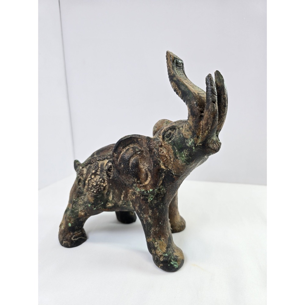 Vintage Heavy Cast Metal Elephant Figurine Raised Trunk Verdigris Patina Decor